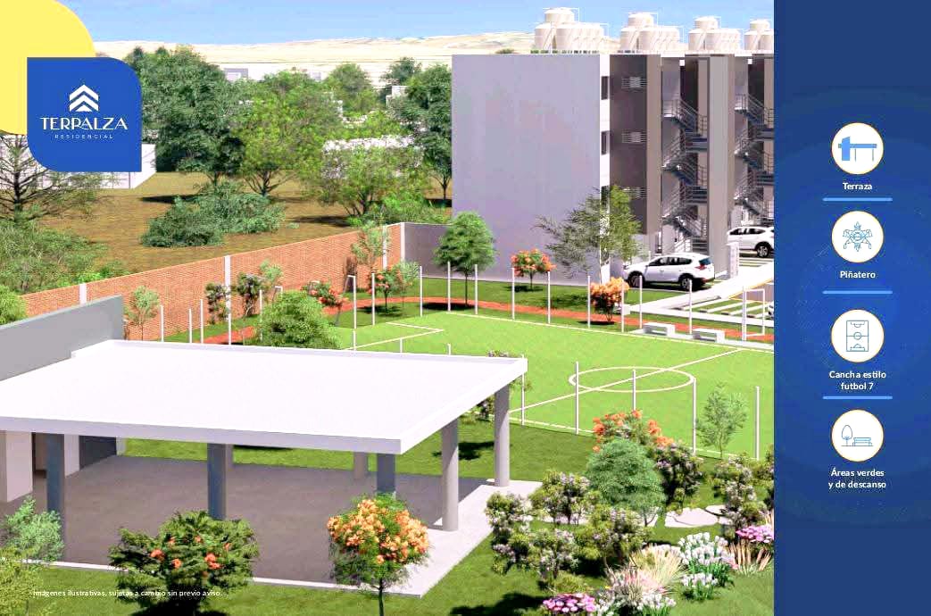 Render de amenidades de Terpalza Residencial con terraza y áreas verdes