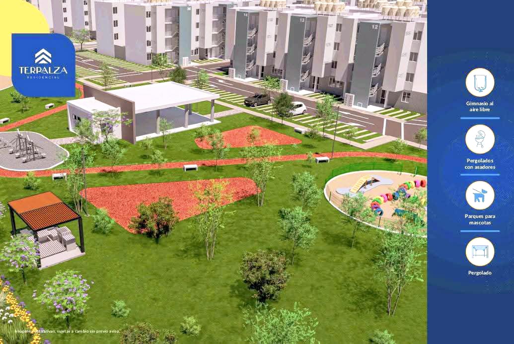 Áreas verdes y pérgolas de Terpalza Residencial